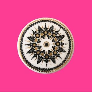 Vintage MCM made in Austria enamel on metal round disc brooch black white gold